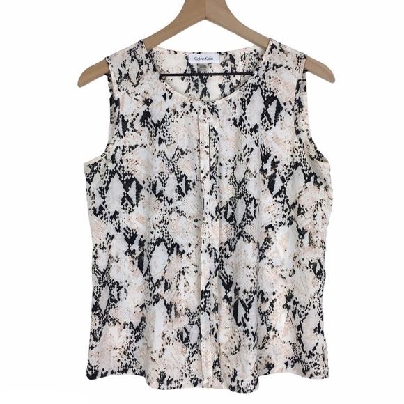 CALVIN KLEIN Top Shell Blouse Snakeskin Sleeveless Tank Keyhole Slit Size Small - Picture 1 of 8
